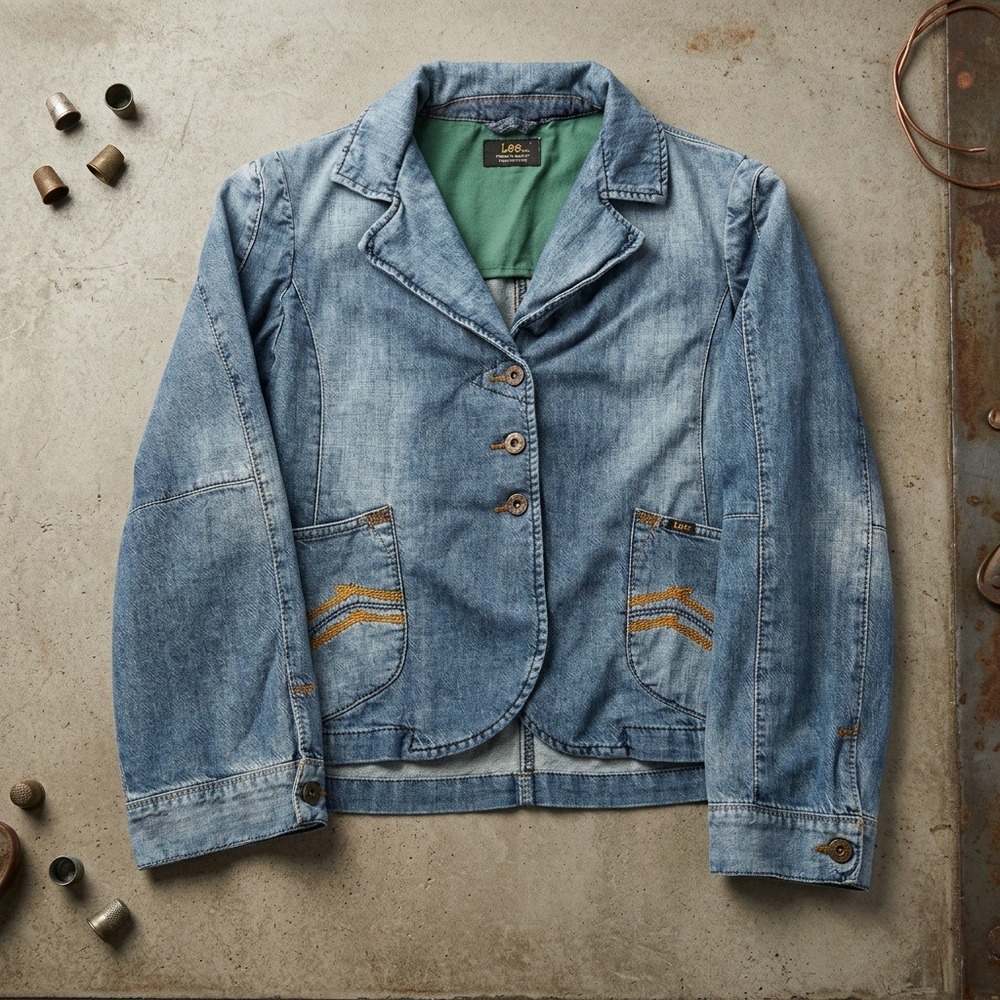 Lee Premium Quality Women Denim Blazer Jacket Large Blue Jean Orange Stitching